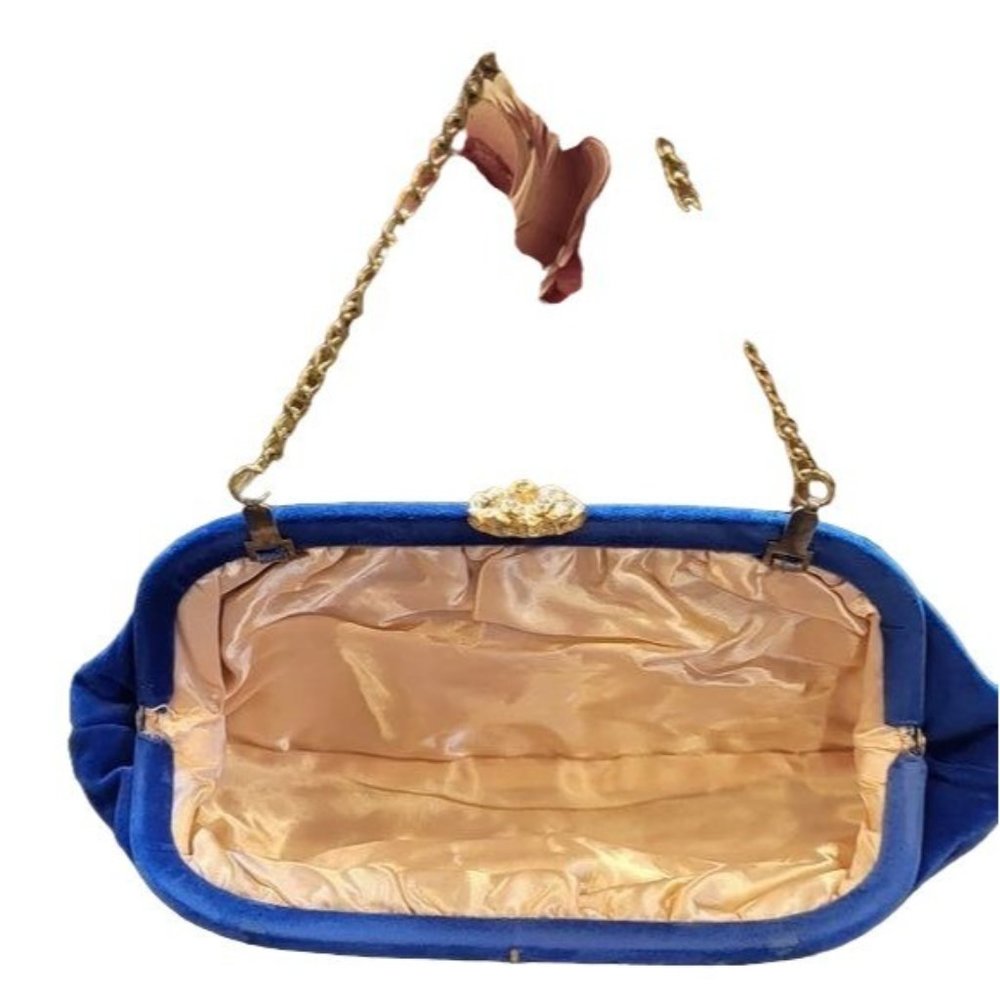 Beautiful Colbat Blue Velvet and Gold Accent Clutch Purse with Matching Gloves - Picture 11 of 16